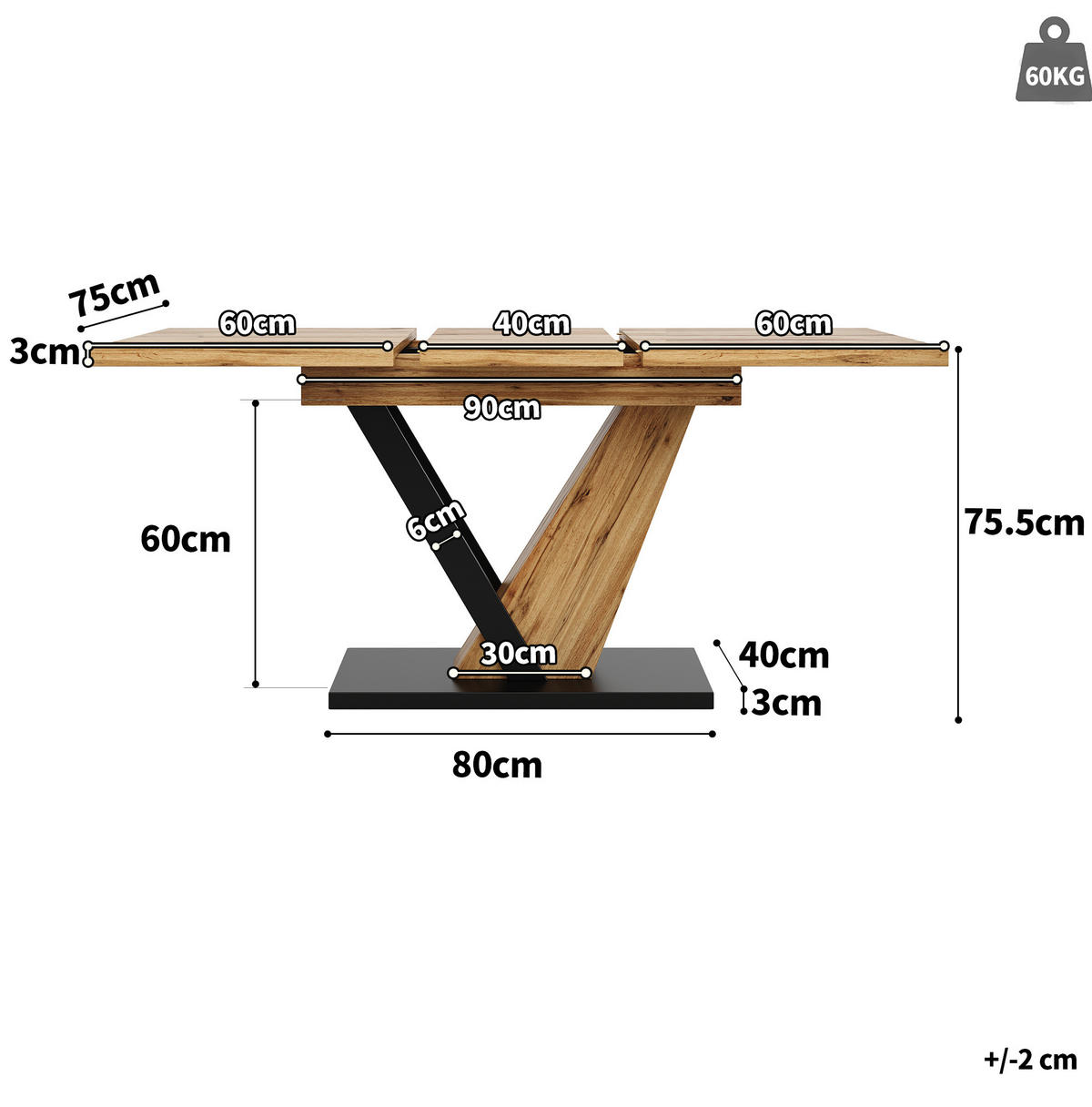 JEDÁLENSKÝ stôl 120(160)/75/75,5 cm hnedý, výsuvný z MDF a kovu - prírodná farba, kompozitné drevo (160/70/75.5cm) - BEAOK