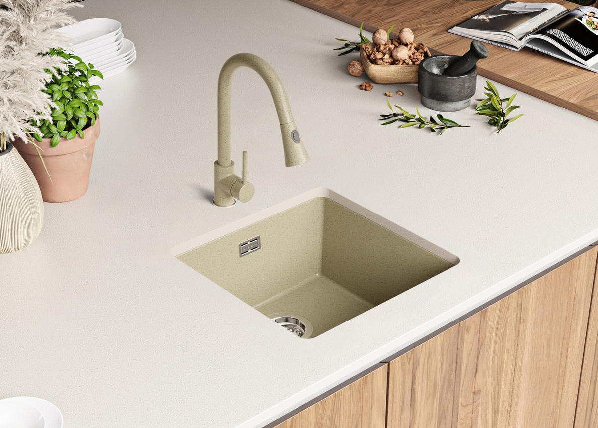 UNTERBAUSPÜLE GRANIT London, 2-er set Beige 46/47 cm 1 Becken + Ablauf-Set ab 50er Unterschrank - Chromfarben/Beige, Kunststoff (46/20/47cm) - Primagran