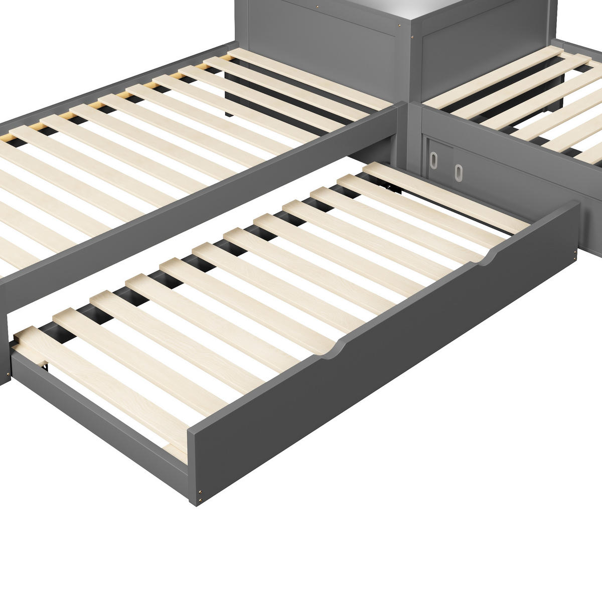 PLATTFORMBETT grau 90 × 200 cm aus MDF‑Kiefernholz mit Ausziehbett, Schiebetür‑Stauraum und Nachtlicht - Grau, Holzwerkstoff (90/200cm) - Luhomfu