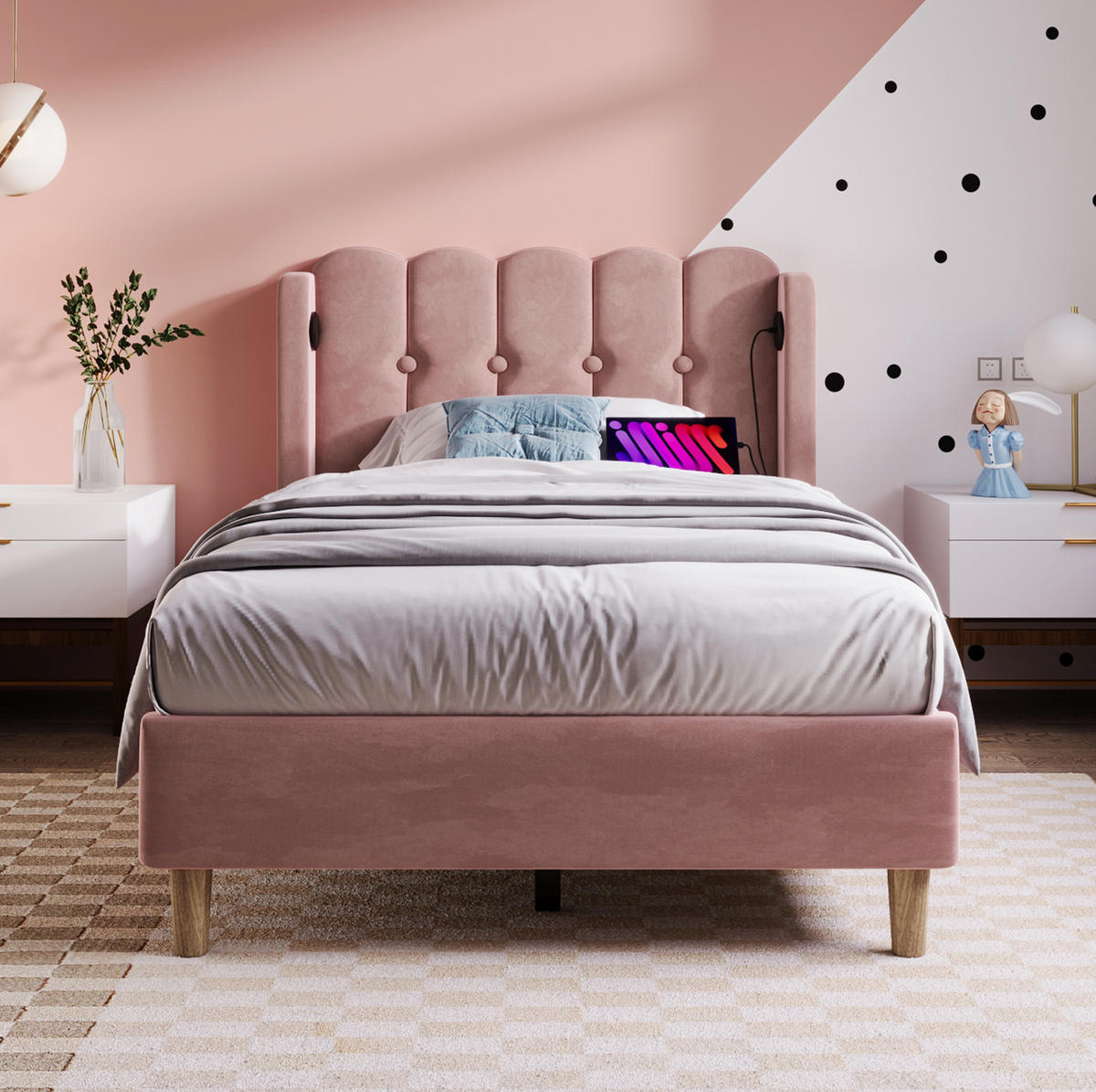 POLSTERBETT 90/200 cm Rosa aus Samt mit Matratze und USB- und Type-C-Anschlüssen - Rosa, Textil (90/200cm) - Flora Grace