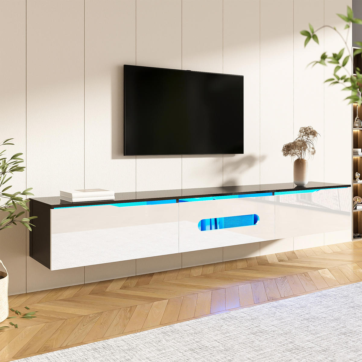 TV-SCHRANK 180cm Hochglanz 16-Farben-LED wandmontierbar Weiß-Schwarz - Weiß, Holz (46/16.5/133cm) - FLIEKS
