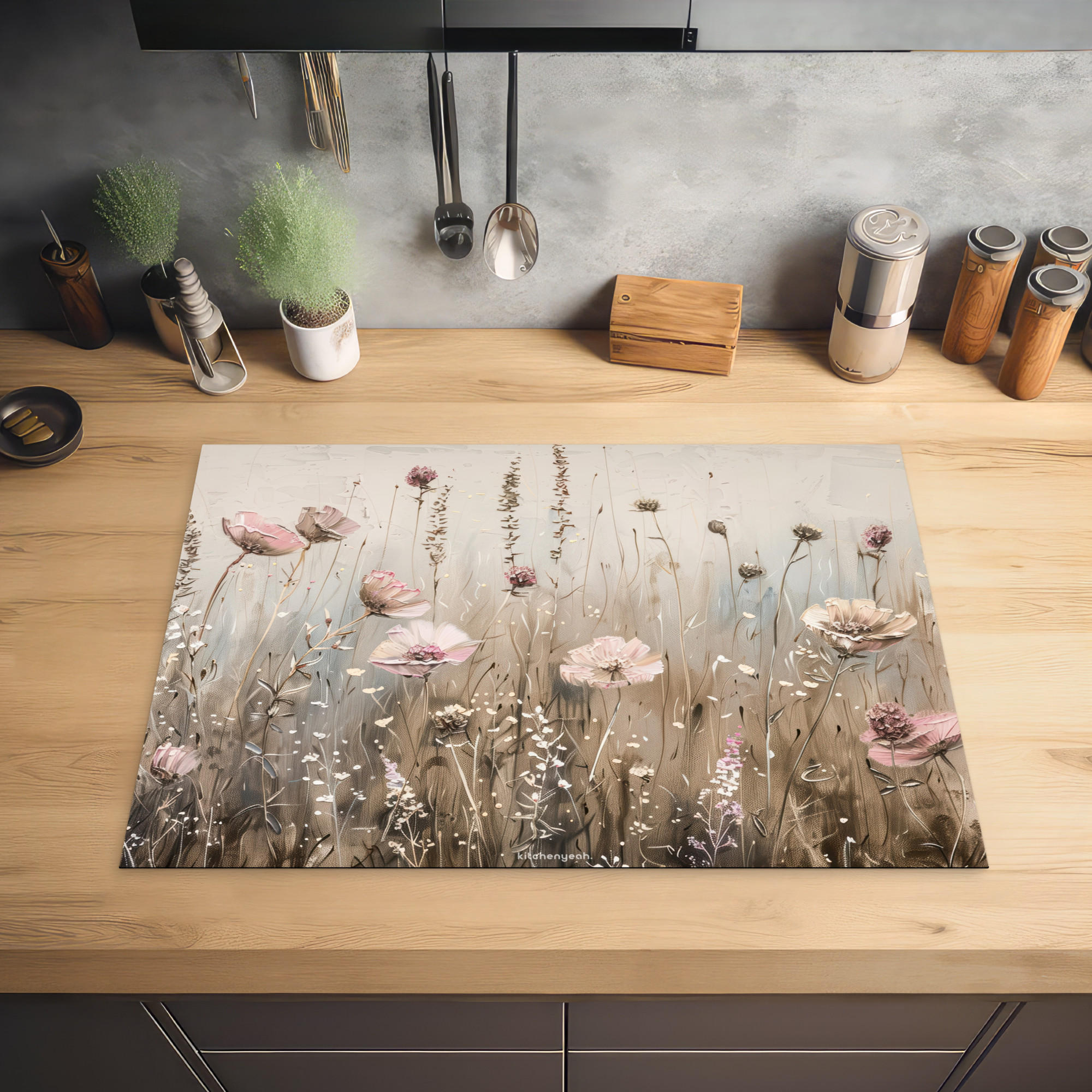 HERDABDECKPLATTE Blumen - Beige - Trockenblumen 75x52 cm - Beige, Kunststoff (75/0.2/52cm) - MuchoWow
