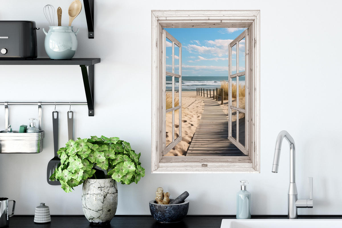 WANDTATTOO Fenster - Meer - Küste - Natur - Ausblick - Strand - Wattenmeer 40x60 cm - Beige, Kunststoff (40/60/0.1cm) - MuchoWow