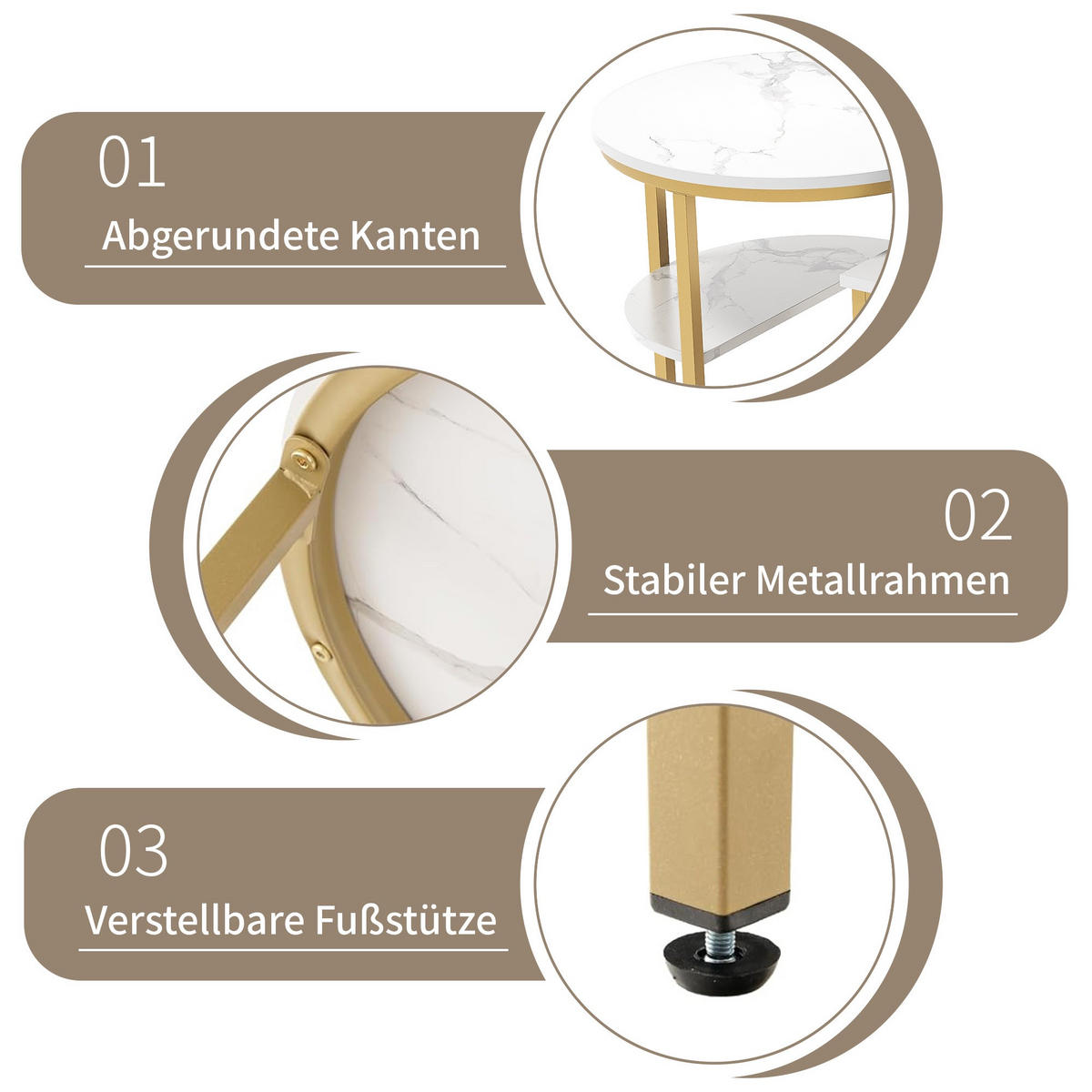 COUCHTISCH-SET 2-teilig Marmor-Optik mit goldenem Metallrahmen - Weiß, Metall (132/52/51cm) - DELFA