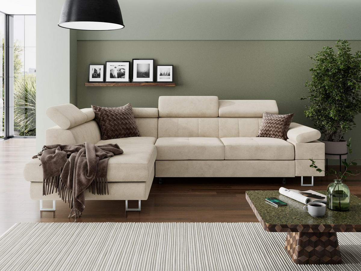 ECKSOFA CAROLINE Links Braun Velours-Stoff mit Schlaffunktion und Bettkasten - Chromfarben/Dunkelbraun, Textil (253/190cm) - Barchello