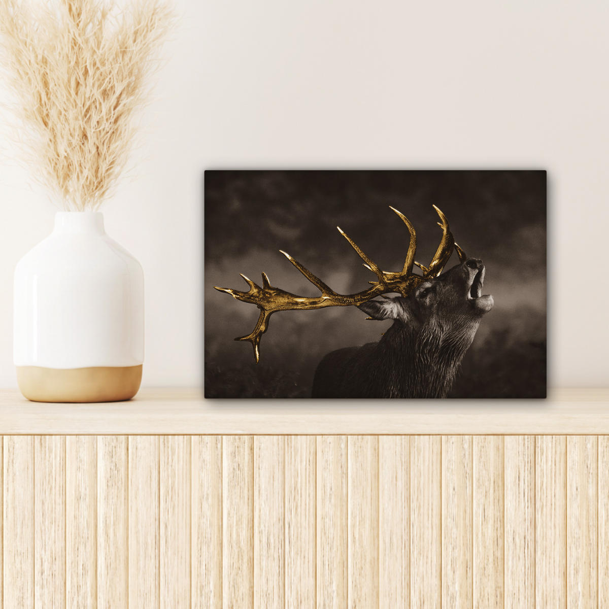LEINWANDBILD Rotwild - Schwarz - Gold 30x20 cm - Braun, Textil (30/20cm) - MuchoWow