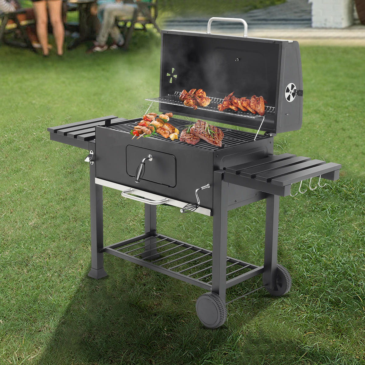 HOLZKOHLEGRILL aus Karbonstahl in Schwarz Tragbarer für den Außenbereich mit Seitenablagen 183 cm B x 40 cm T x 108 cm H - Schwarz, Metall (183/108/40cm) - Livingandhome