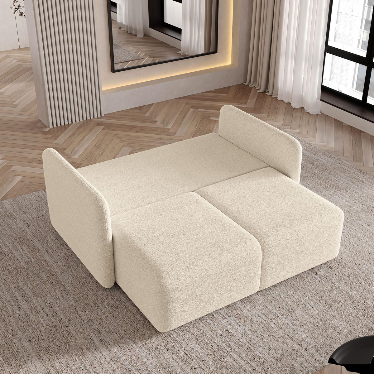 BETTSOFA SUVI II Q Creme Bucle-Stoff mit Schlaffunktion - Creme, Textil (90/85/153cm) - MASSENO
