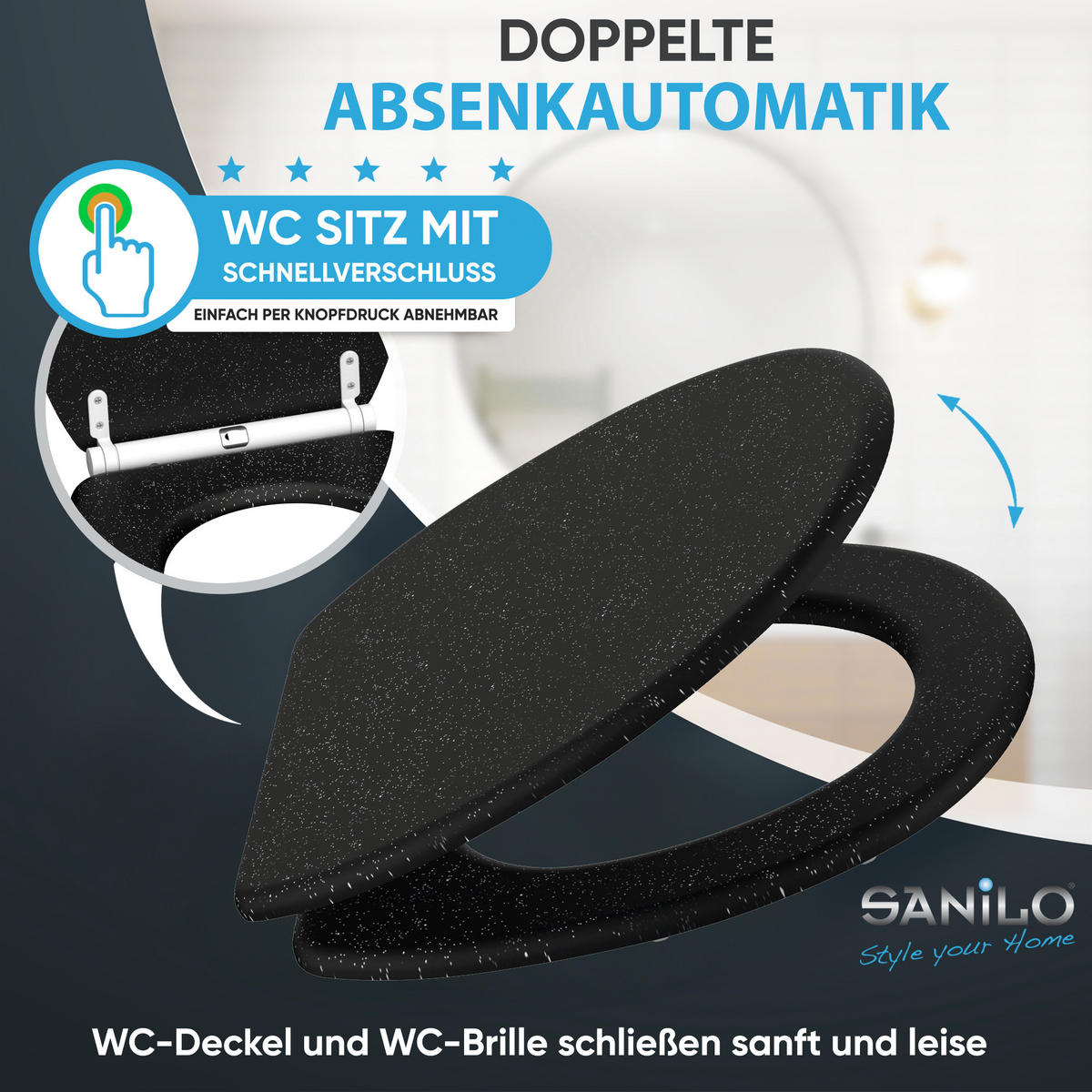 WC-SITZ mit Absenkautomatik & Top Fix Glitzer Schwarz - Schwarz, Holzwerkstoff (37.7/5.5/48cm) - Sanilo