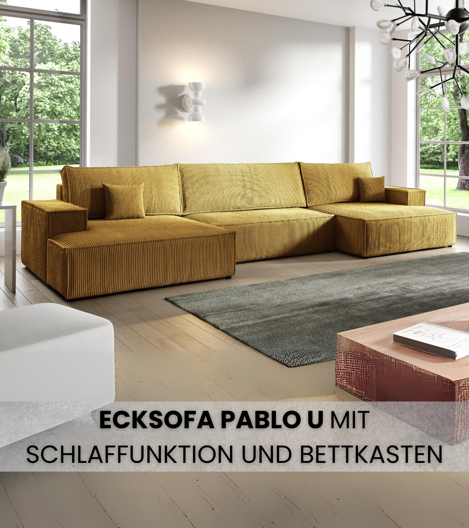 WOHNLANDCHAFT Pablo U mit Schlaffunktion Gelb Cord - Gelb, Textil (398/85/148cm) - Bromarkt