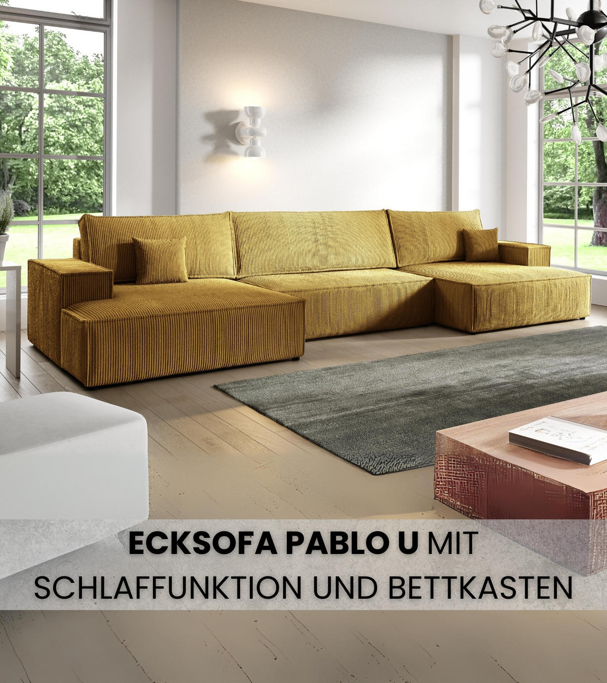 WOHNLANDCHAFT Pablo U mit Schlaffunktion Gelb Cord - Gelb, Textil (398/85/148cm) - Bromarkt