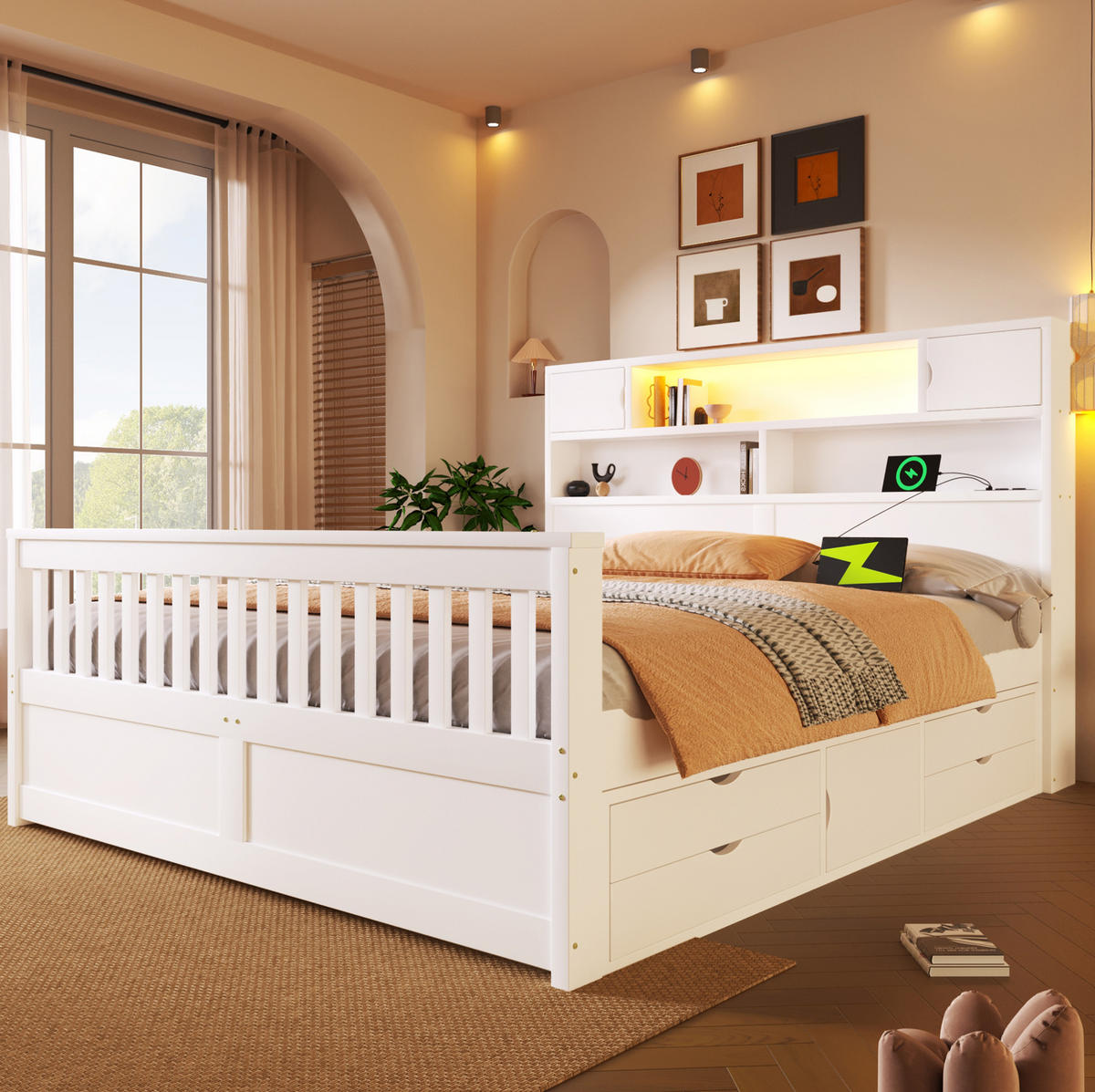 POSTEĽ s úložným priestorom 160/200 cm biela s LED čelom a 4 zásuvkami z MDF a preglejky - biela, kompozitné drevo (160/200cm) - OKWISH