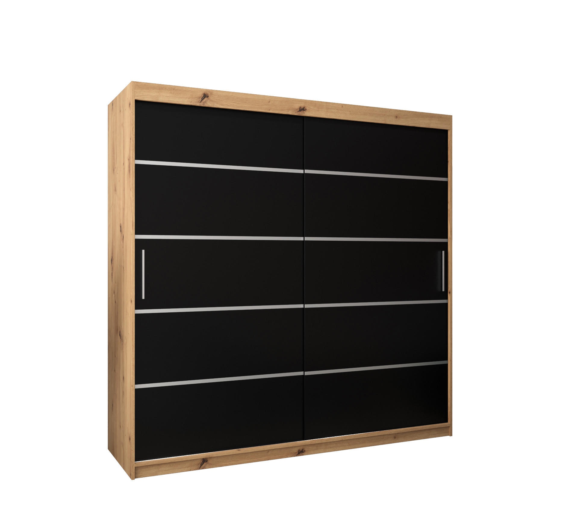 Abiks Möbel SCHWEBETÜRENSCHRANK Eiche Artisan, Schwarz, Silber 200cm × 62cm × 200cm