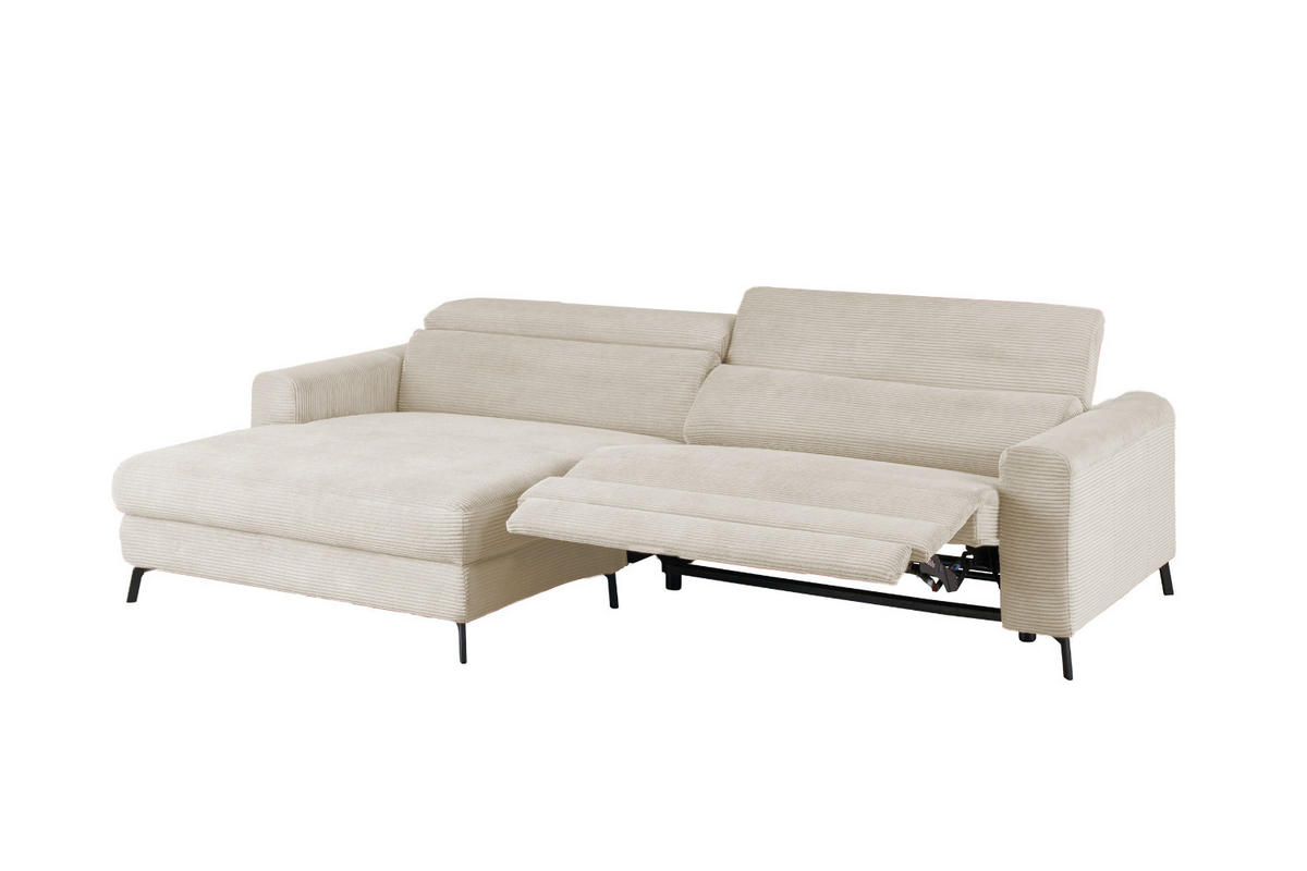 ECKSOFA LAISKA Cremeweiß Cord Relaxfunktion - Creme/Schwarz, Textil/Metall (282/177cm) - KAWOLA