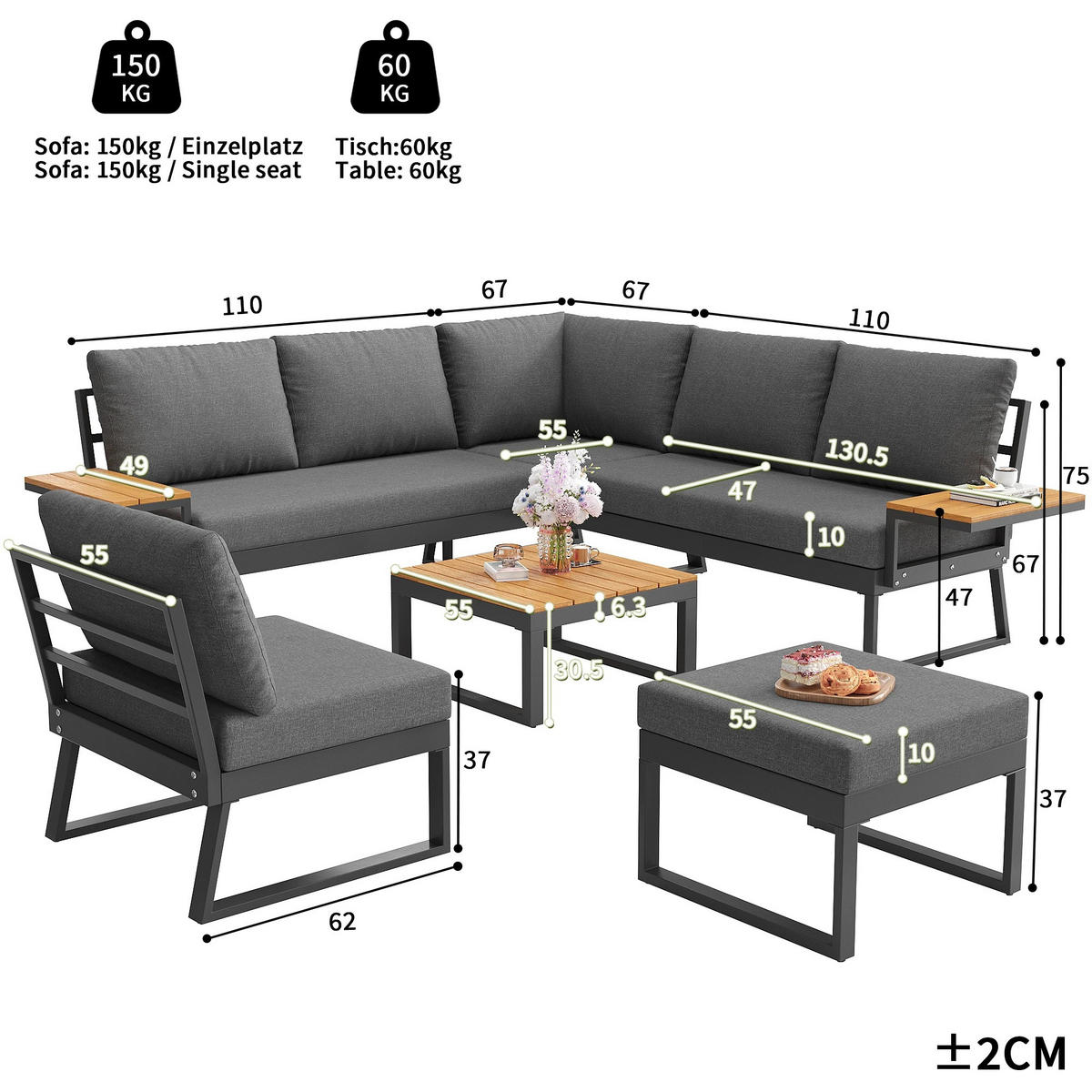 DINING-LOUNGESET L-Shaped 7-Person, inkl. Tisch & Hocker - Beige, Textil - Kaket
