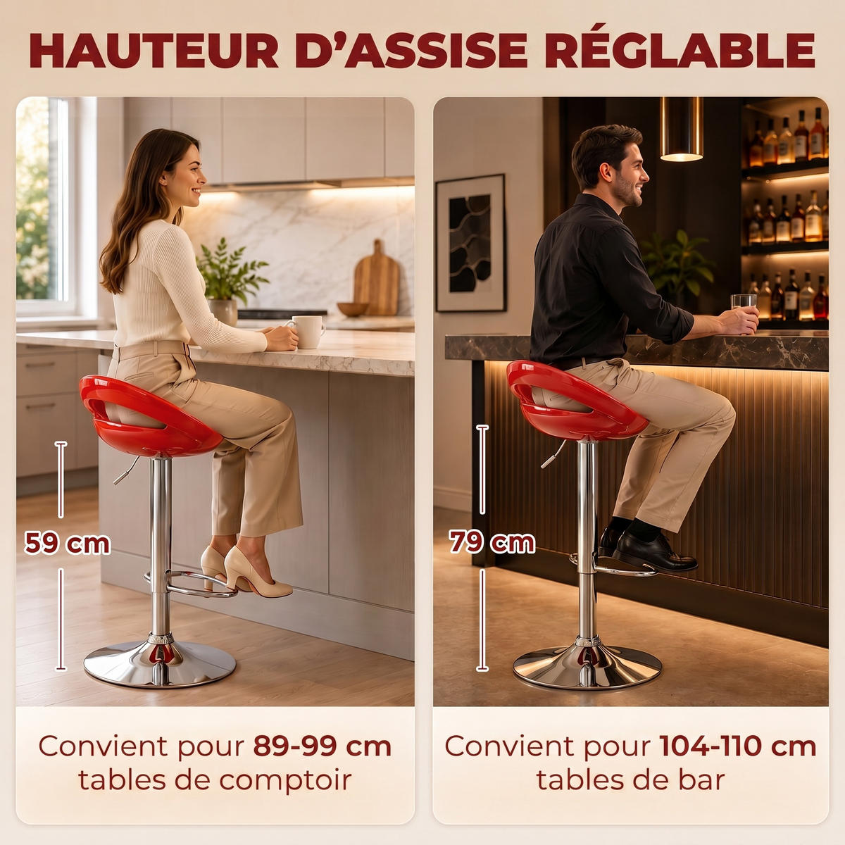 BARHOCKER 2er-Set DE-14781 höhenverstellbar mit Rückenlehne Rot - Rot, Metall (41/96/46cm) - ComfortXL