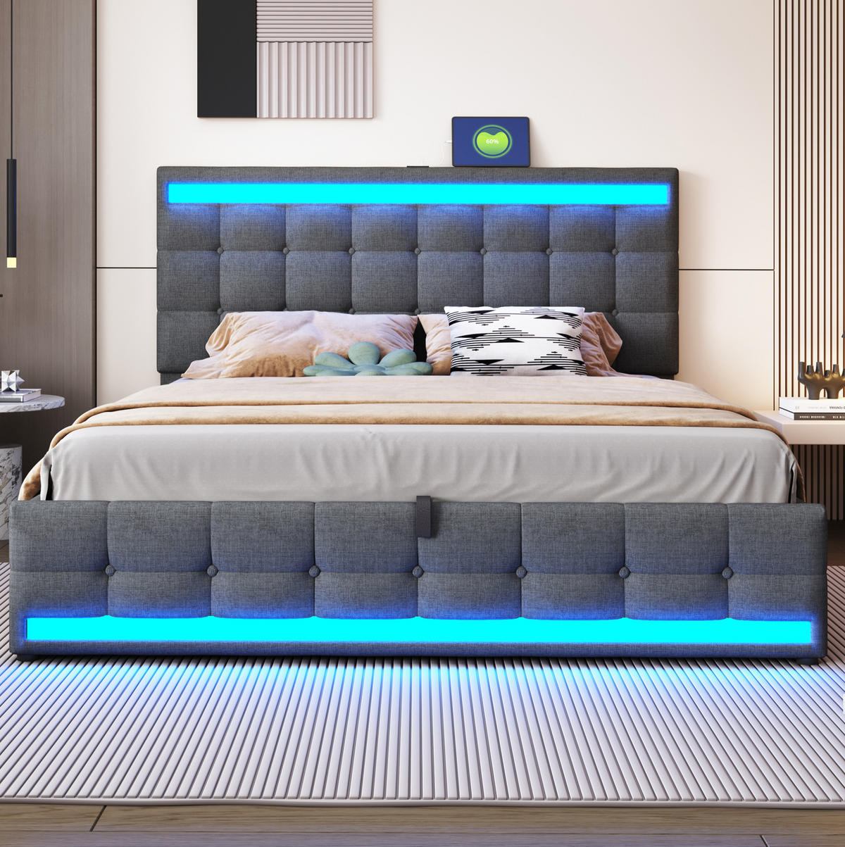 POLSTERBETT aus Leinen 180x200 cm in Grau mit LED-Beleuchtung & USB-Anschlüssen - Grau, Textil (180/200cm) - Modfu
