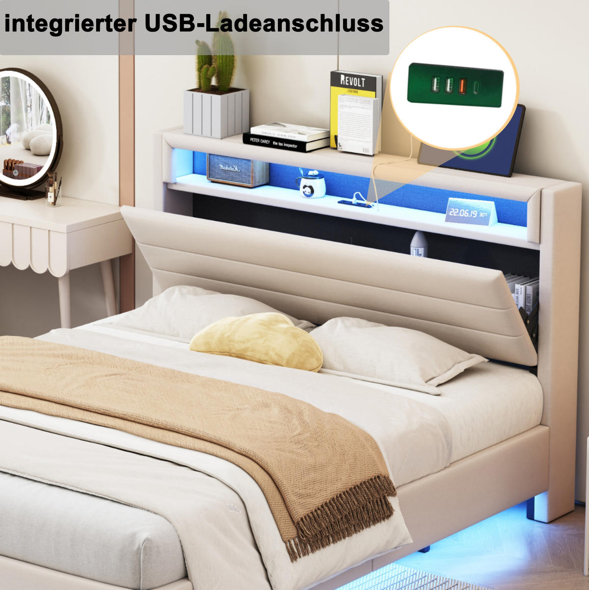 POLSTERBETT 140/200 cm Beige aus Leinenstoff mit USB-Steckdose und LED-Licht - Beige, Textil (140/200cm) - OKMYHOME