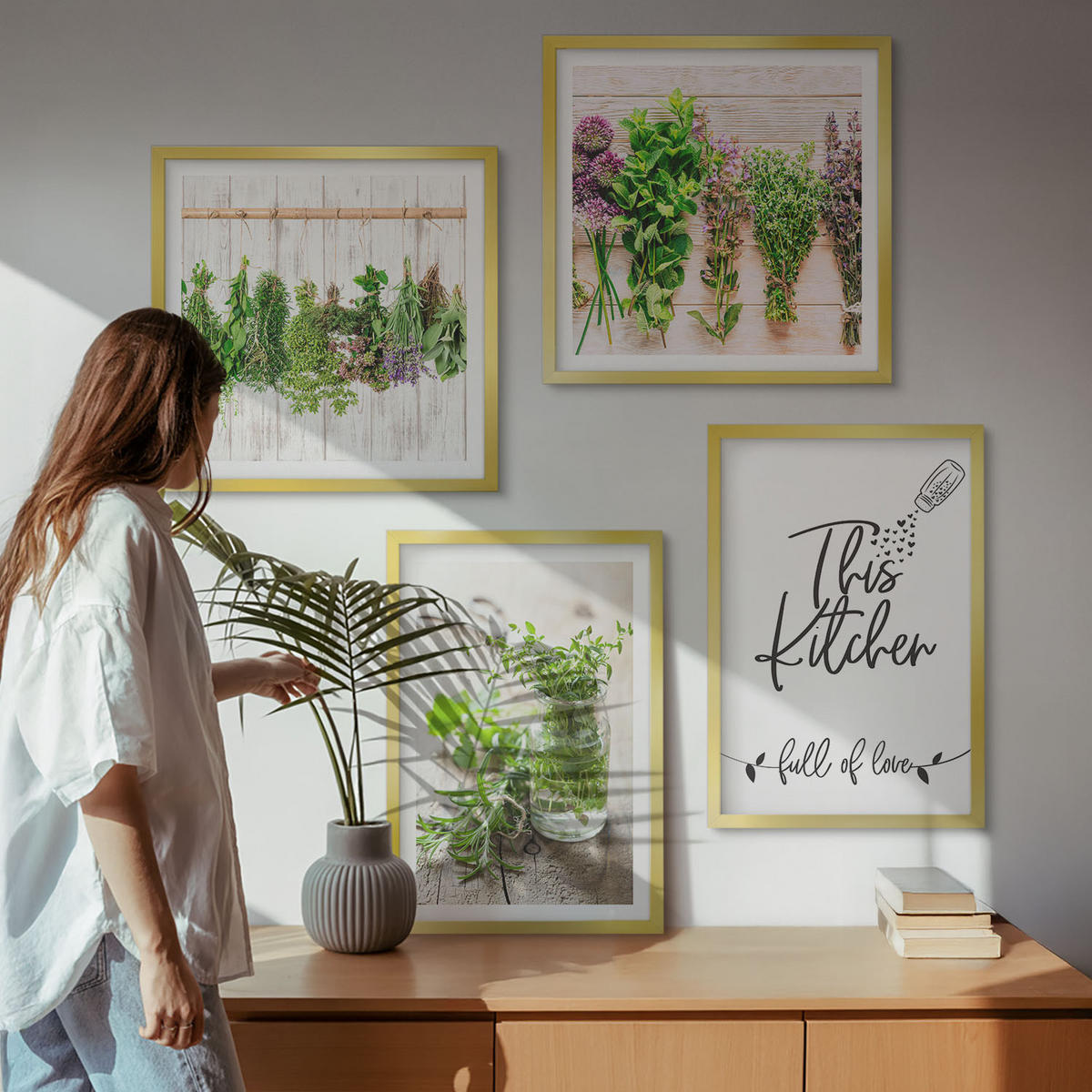 BILDER SET 4er Set - 50x50 cm & 40x60 cm Goldrahmen - Küchenthema: Getrocknete Kräuter - Goldfarben, Kunststoff (50/50cm) - TULUP