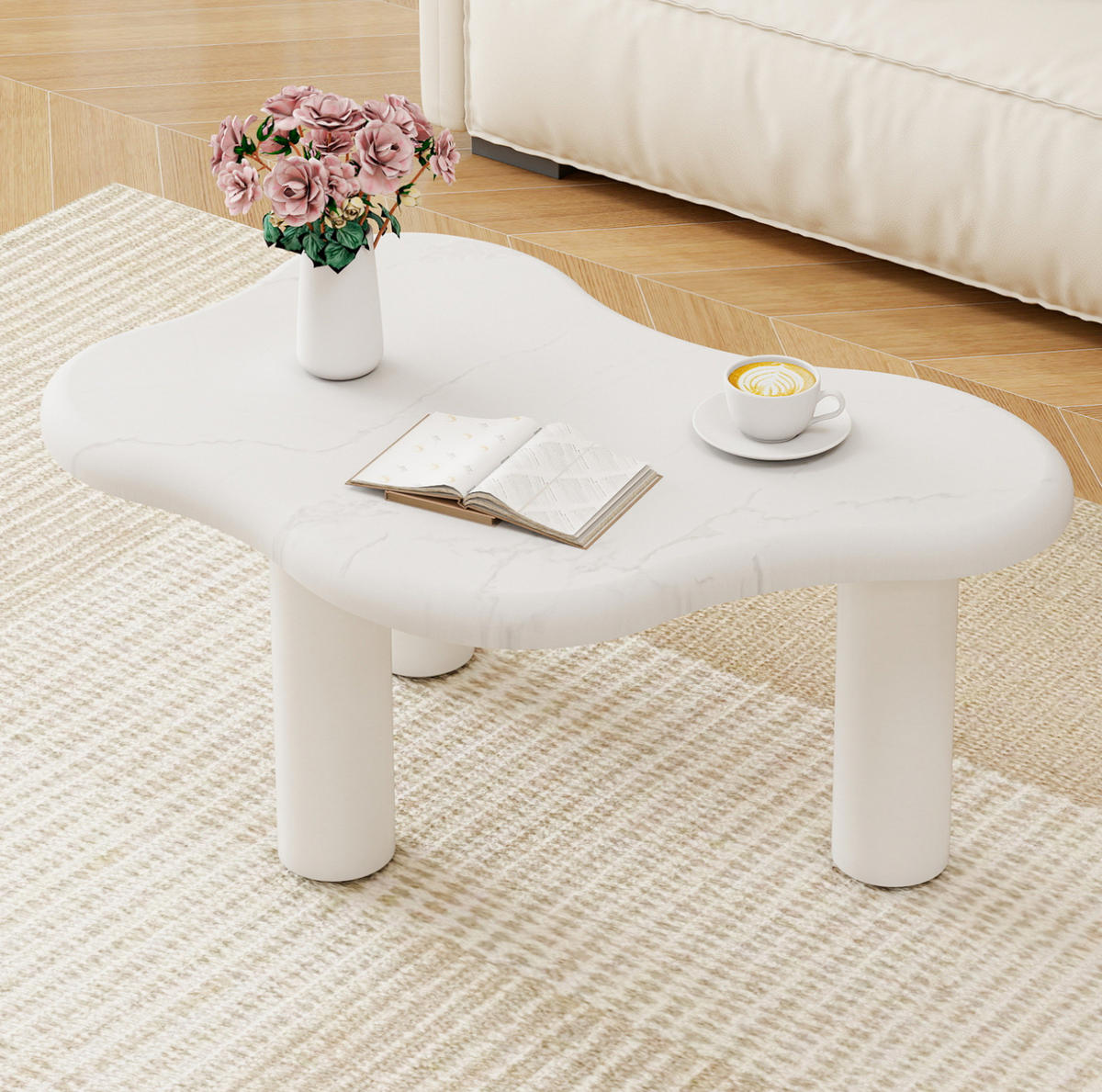 COUCHTISCH 91/62/40 cm in Wolkenform mit abgerundeten Kanten und pflegeleichter Marmoroptik, Weiß - Weiß, Holzwerkstoff (90.8/62.5/40cm) - Redom