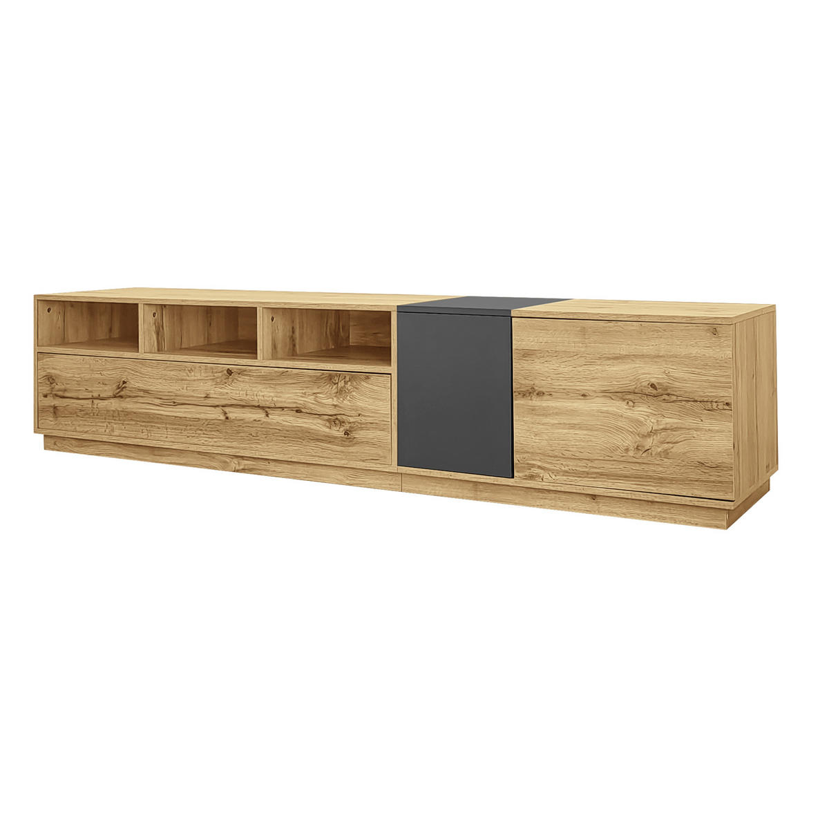 TV-STÄNDER 200/45/45 cm schwarz-grau mit Holzplatte und offenen Fächern - Schwarz, Holzwerkstoff (200/45/45cm) - OKWISH