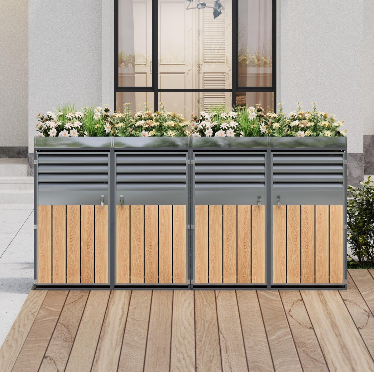MÜLLTONNENBOX aus Stahl in Grau/Holzoptik mit Pflanzfläche & 4 abschließbaren Türen - Grau, Metall (264/124.5/80cm) - Modfu
