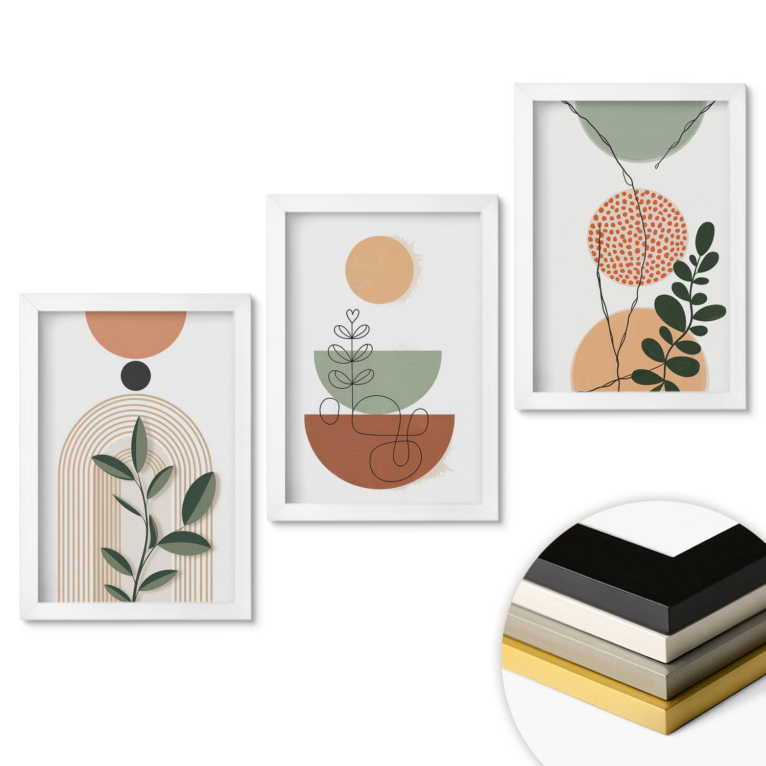 WANDBILDER 3er-Set - 20x30 cm Weißer Rahmen - Abstrakte Pflanzenformen - Weiß, Kunststoff (20/30cm) - ArtPrintCave