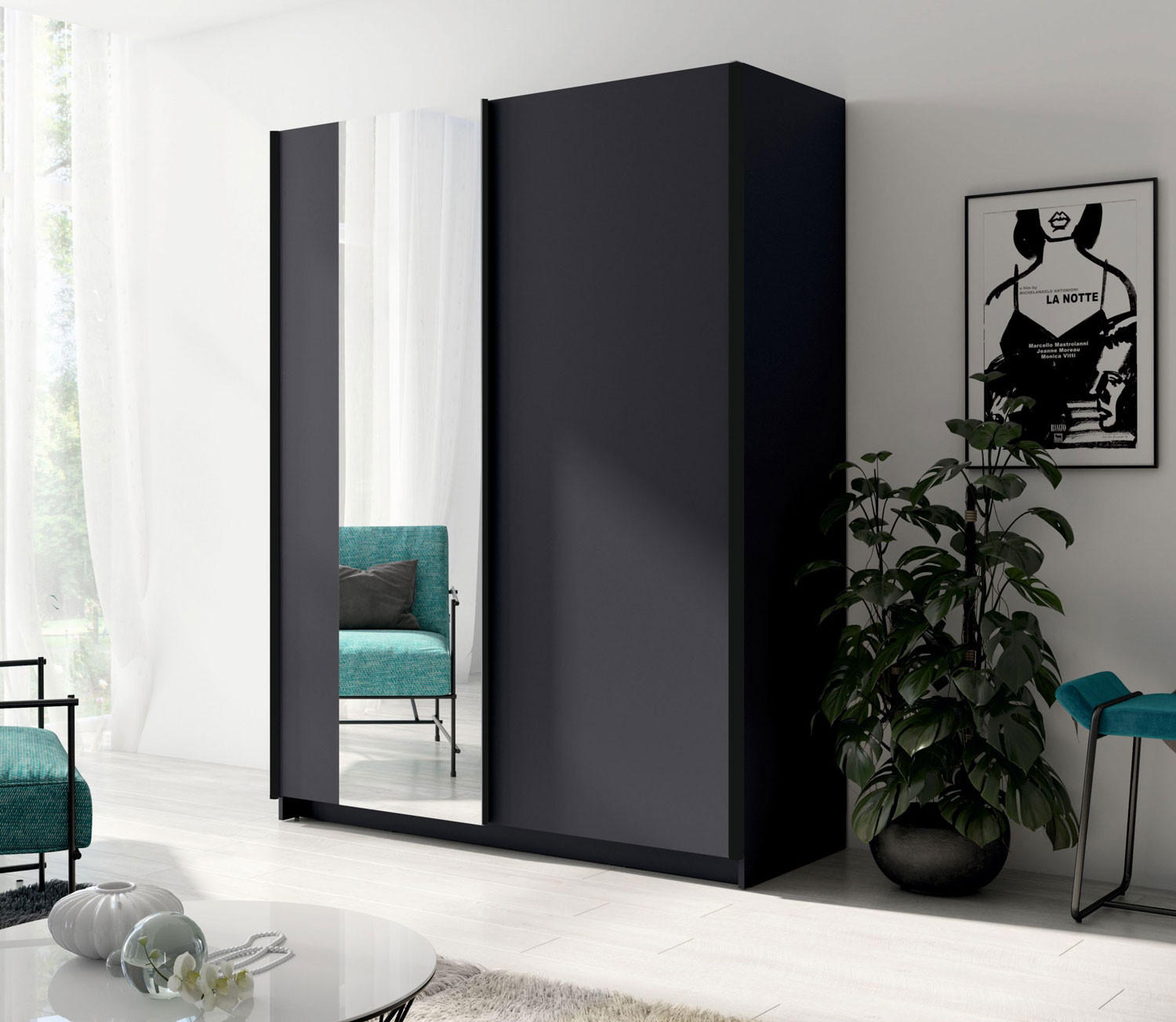 SCHWEBETÜRENSCHRANK Gozo Graphit / Spiegel 150 / 62 / 198cm - Graphitfarben/Schwarz, Glas/Holz (150/198/62cm) - Feldmann-Wohnen