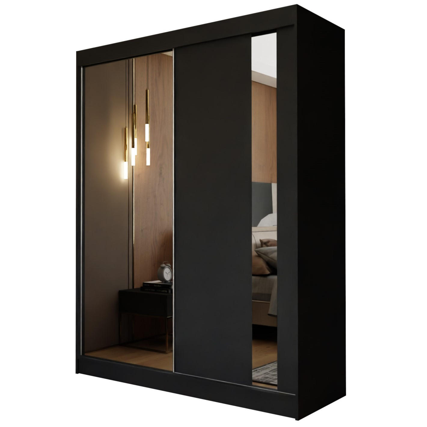 SCHWEBETÜRENSCHRANK GRAZIA 160/216/61 cm 2-türig mit Spiegel Schwarz - Schwarz, Holzwerkstoff (160/216/61cm) - MASSENO