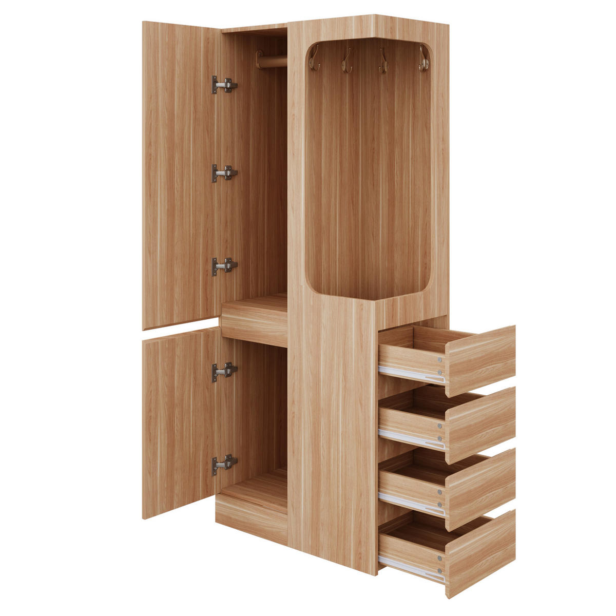 KLEIDERSCHRANK 70/40/170 cm in Weiß/Holz mit 4 Schubladen und offenem Hängebereich - Naturfarben, Holz (70/170/40cm) - BEAOK