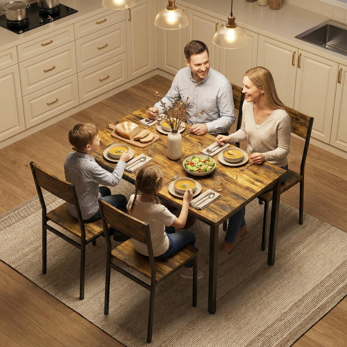 ESSGRUPPE mit Tisch und 4 Stühlen, Küchentisch mit Stühlen für 4 Personen, Metallbeine, rustikales Braun - Naturfarben, Metall (108/76/60cm)