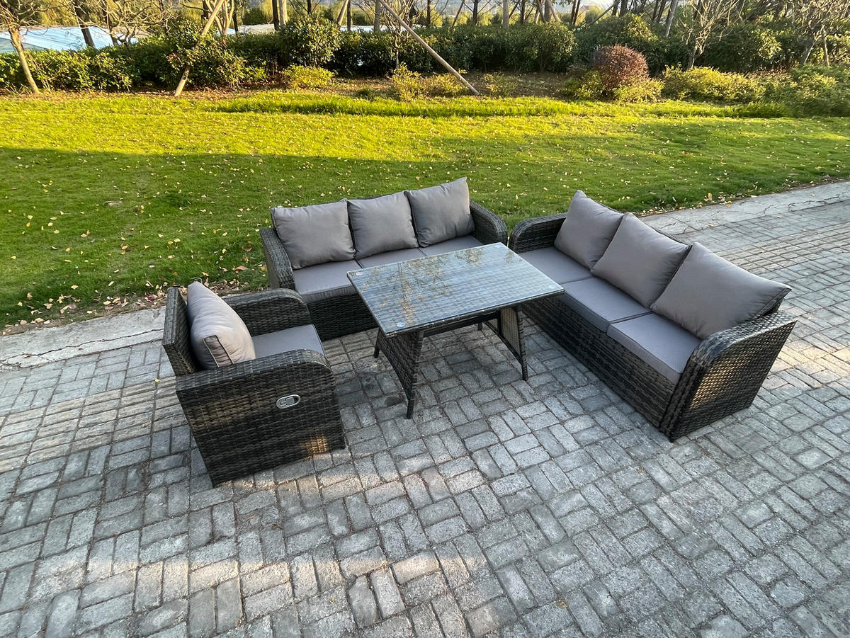 GARTENSET Hohe Rückenlehne Polyrattan 7-Sitzer - Dunkelgrau/Grau, Glas/Kunststoff - Fimous