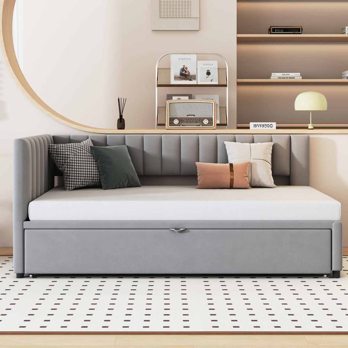 KAUČ na razvlačenje 90/200 cm sivi od baršuna s pomoćnim ležajem i L-oblikom - siva, tekstil (90/180cm) - OKWISH