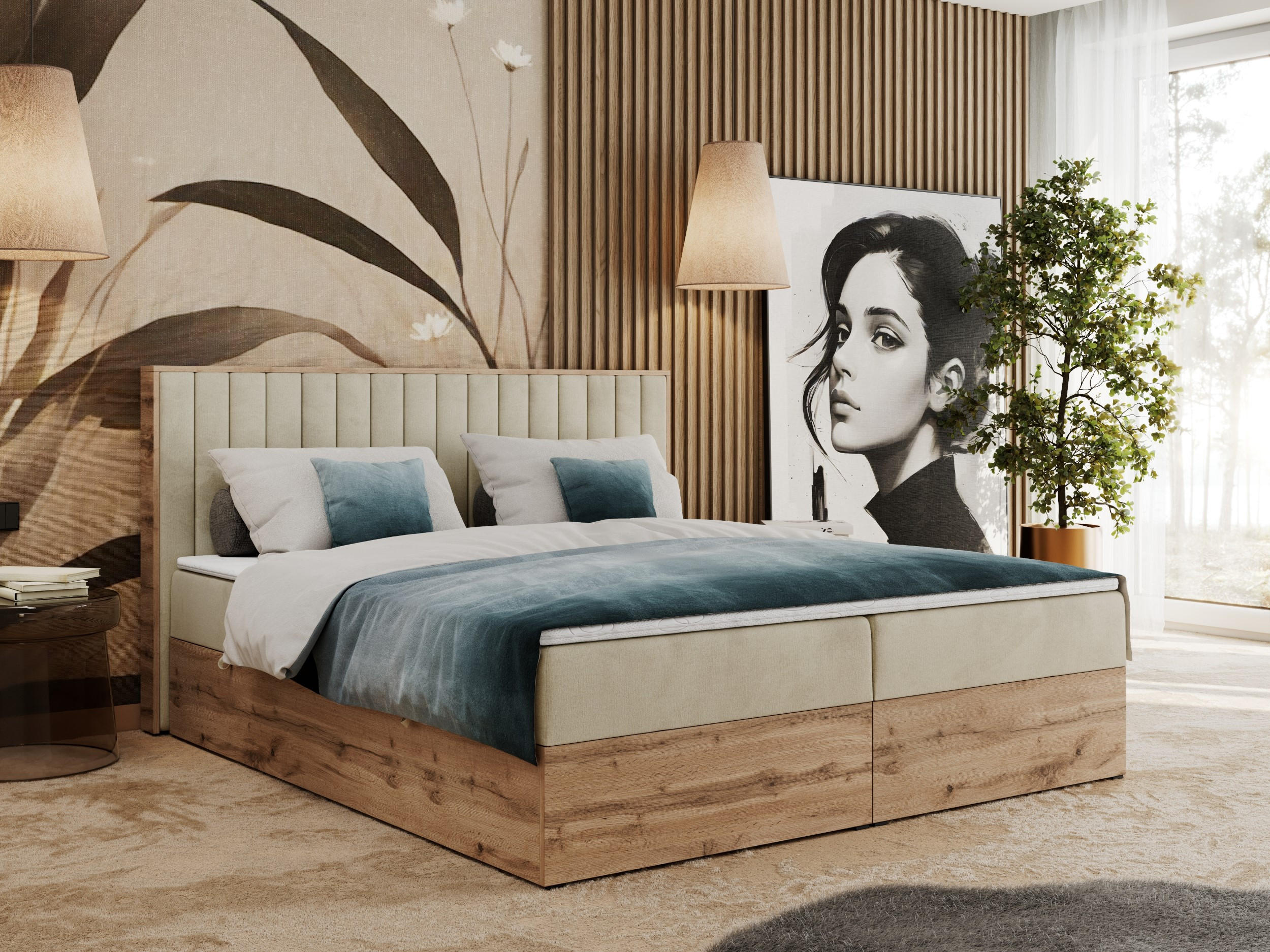 BOXBETT ALBERO 4 - 200/200 Beige Velvet - H3 - Beige, Holz/Textil (200/200cm) - MKS