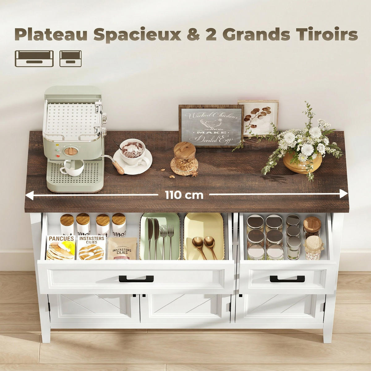 SIDEBOARD Weiß/Braun, 3 Türen, 2 Schubladen, 110/35/80,5 cm - Weiß, Holz (110/80.5/35cm) - PANGIVO