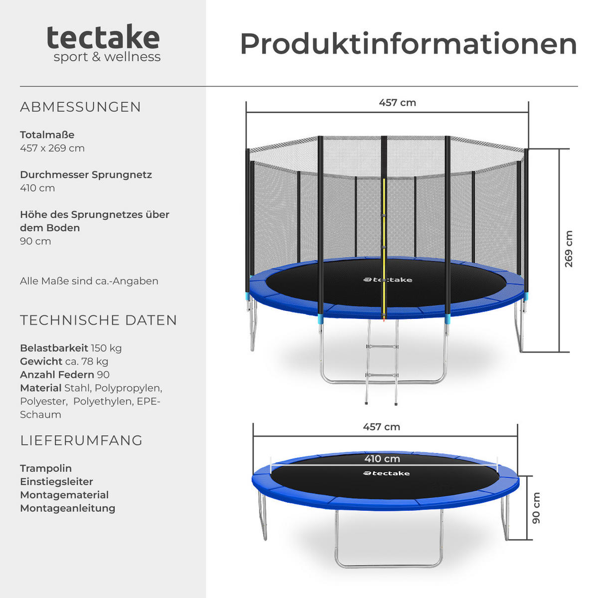 TRAMPOLIN Garfunky,inklusive Einstiegsleiter,schwarz/blau - Blau/Schwarz, Metall (457/269/457cm) - tectake