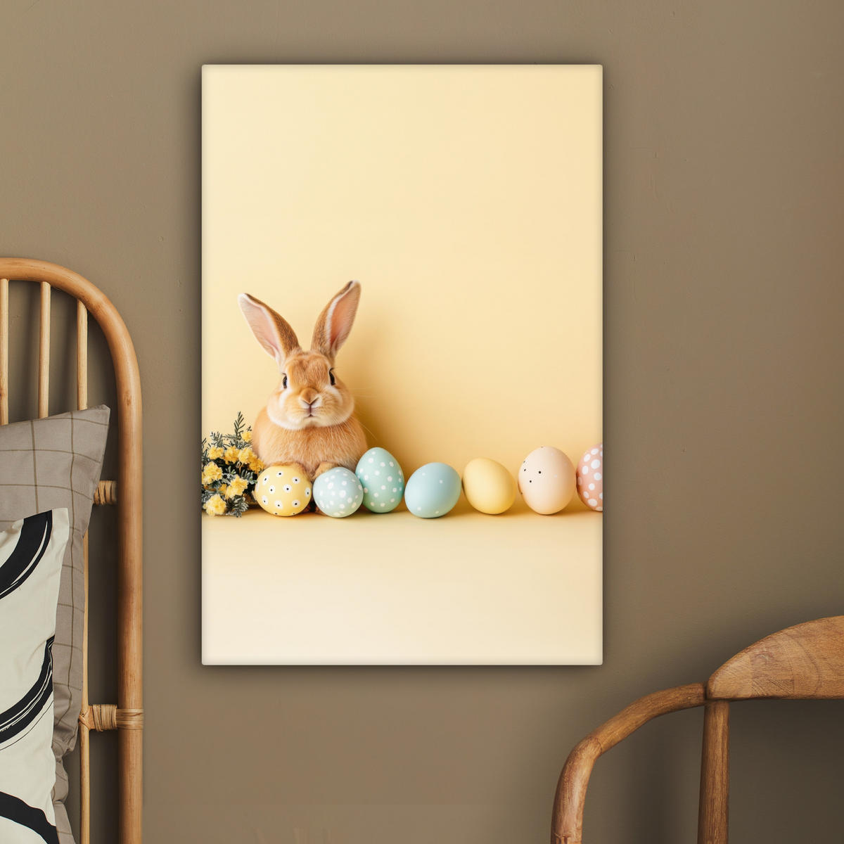 LEINWANDBILD Eier - Kaninchen - Pastellfarbtöne Wanddeko Schlafzimmer 60x90 cm - Hellgelb, Textil (60/90cm) - MuchoWow