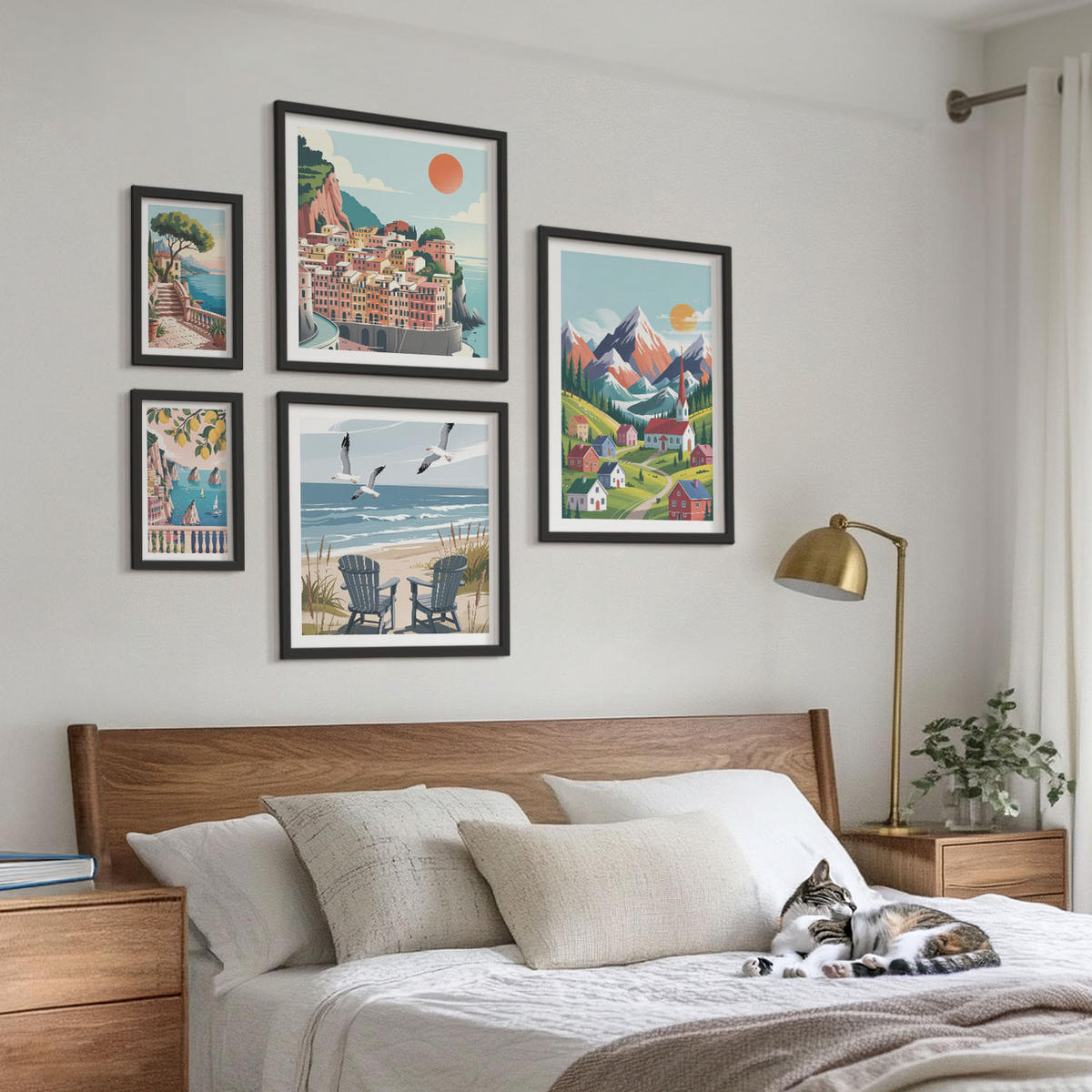 WANDBILDER 5er-Set - 50x50 cm & 20x30 cm & 40x60 cm Schwarzer Rahmen - Pastellfarbene Küstenhäuser - Schwarz, Kunststoff (40/60cm) - ArtPrintCave