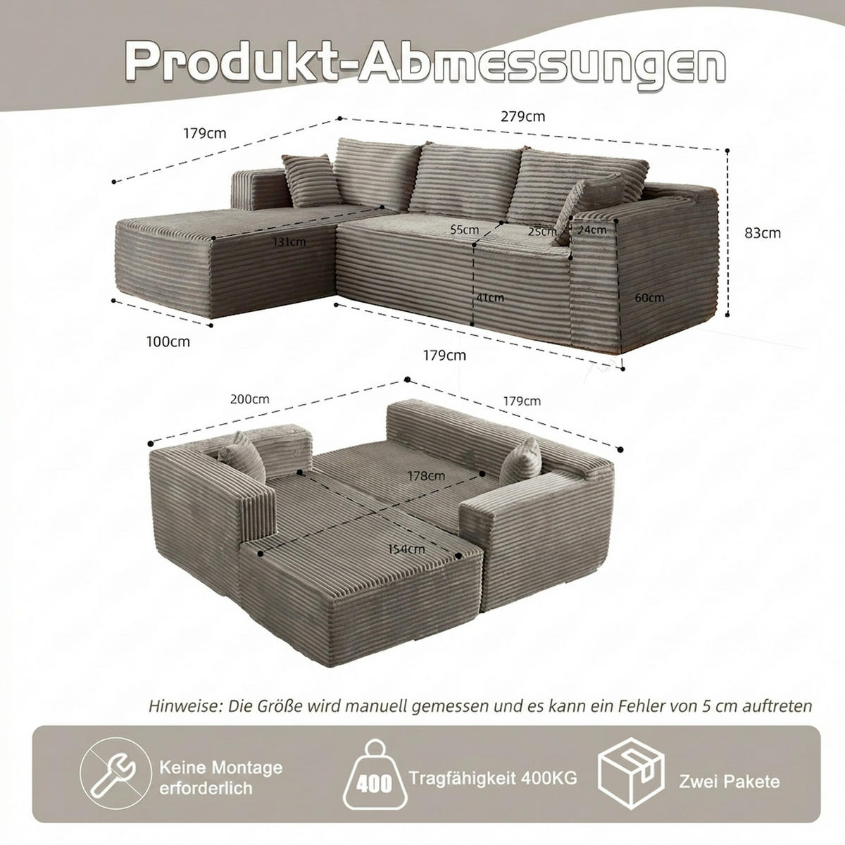 ECKSOFA 279/179/83 cm Grau Cord mit Chaiselongue - Grau, Textil (179/83/279cm) - Oxeza