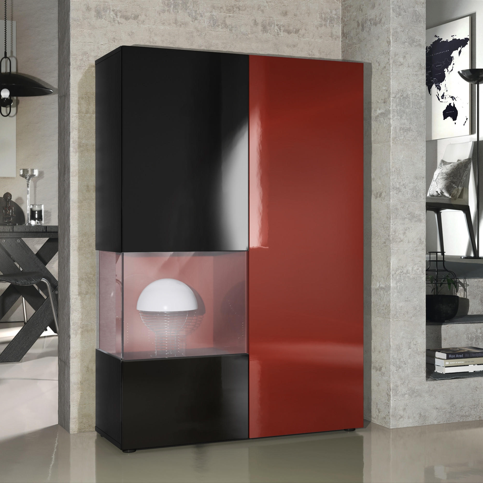 VITRINE Morena Tür und Einsatz in Bordeaux Hochglanz - Bordeaux, Holzwerkstoff (91.5/136.5/37cm) - Vladon
