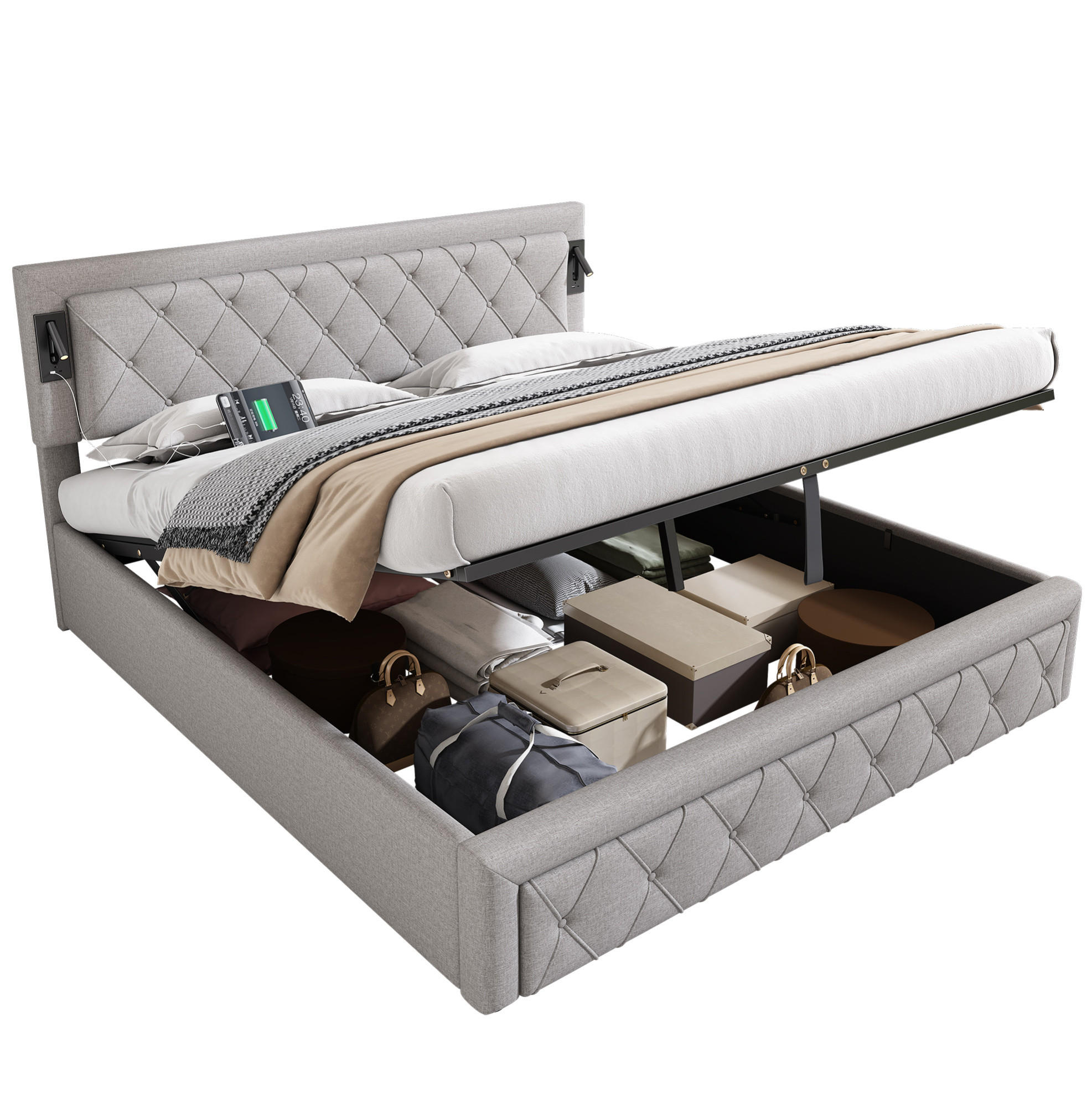 POLSTERBETT 180/200 cm aus Leinen mit Downlights, USB-Anschlüssen, hydraulischem Bettkasten und Lattenrost, Grau - Grau, Textil (180/200cm) - Redom