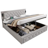 POLSTERBETT 180/200 cm aus Leinen mit Downlights, USB-Anschlüssen, hydraulischem Bettkasten und Lattenrost, Grau - Grau, Textil (180/200cm) - Redom