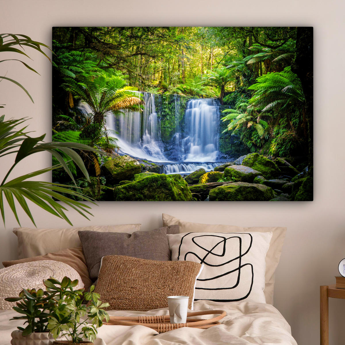 LEINWANDBILD Dschungel - Wasserfall - Australien - Pflanzen - Natur Wohnzimmer Groß 120x80 cm - Dunkelgrün, Textil (120/80cm) - MuchoWow