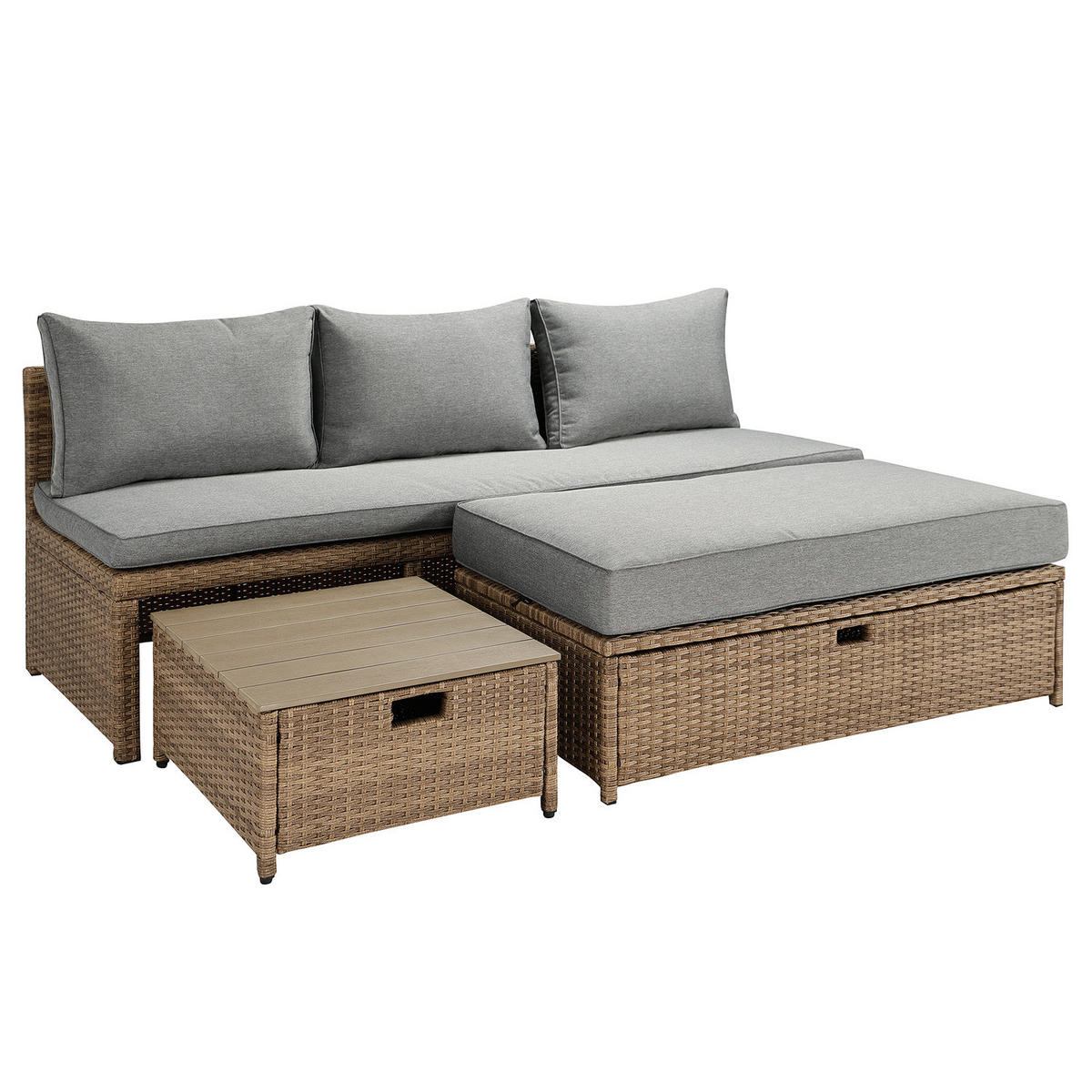LOUNGESET 3-teilig - Polyrattan / Webstoff - Braun / Grau - Braun/Grau, Naturmaterialien/Textil - home24