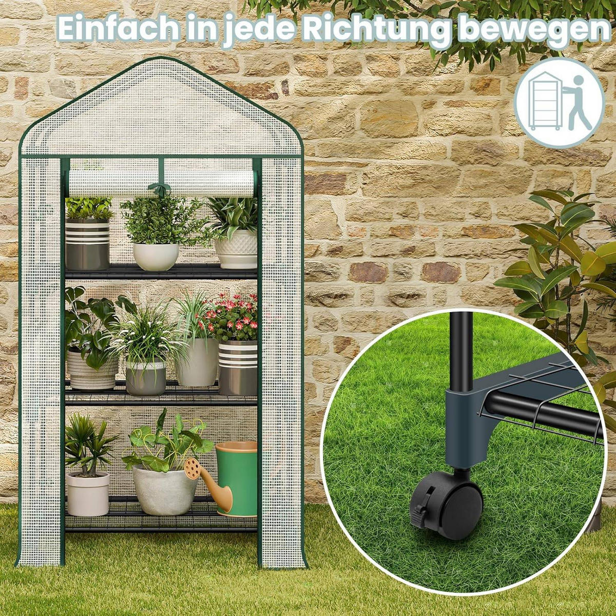 GEWÄCHSHAUS mit Rollen, Foliengewächshaus mit 3 Regalen - Weiß, Textil/Metall (70/131/50cm) - Woltu