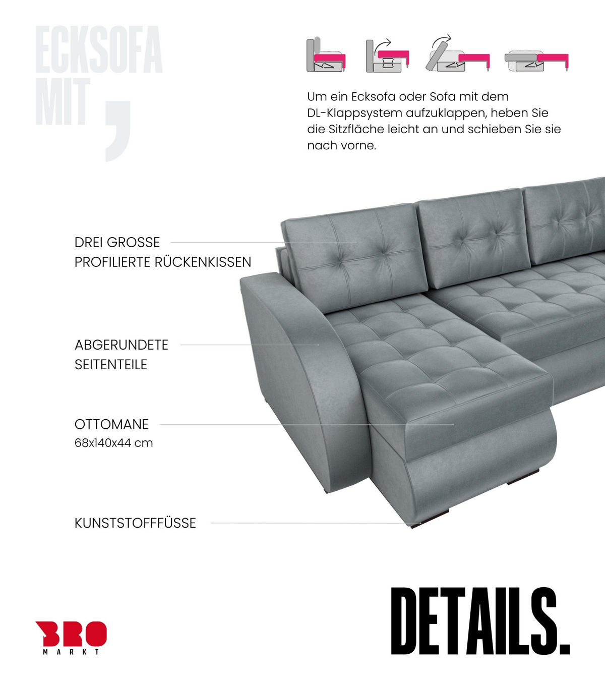 ECKSOFA Bergen mit Schlaffunktion Grau Samtstoff - Grau, Textil (238/141cm) - Bromarkt