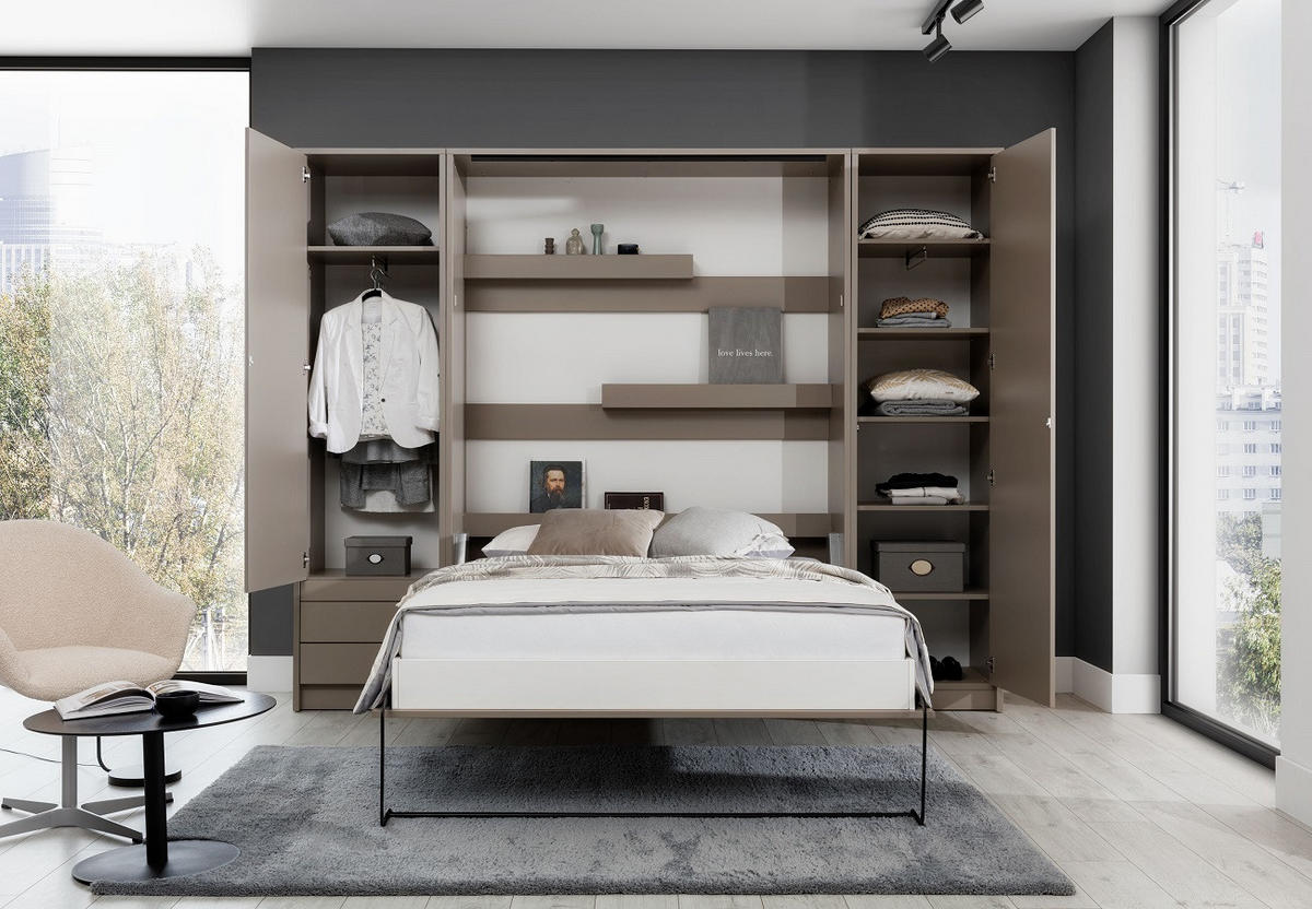 SCHRANKBETT Wandbett vertikal GN 140x200 mit Schreibtisch, LED & 2 Schränken - 3-teilig - Weiß - Weiß, Holzwerkstoff (140/200cm) - QMM TraumMöbel