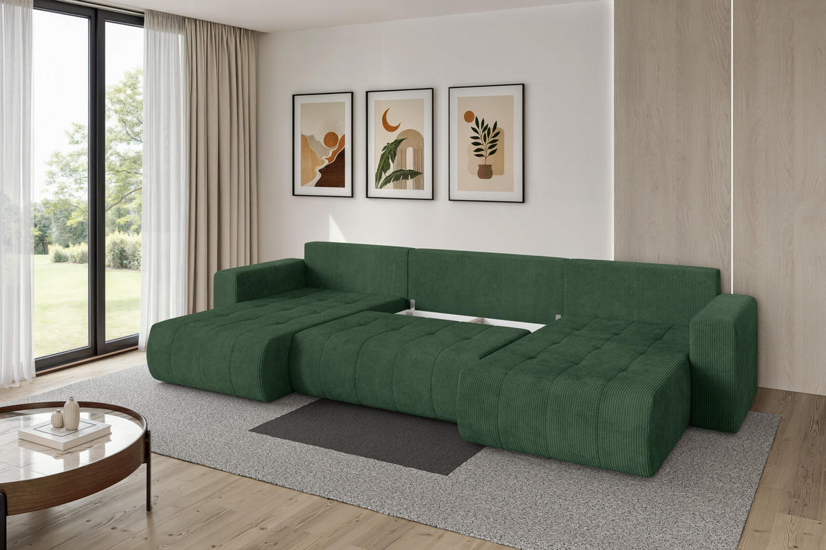 SEDACÍ SOUPRAVA DO U s funkcí spaní a úložným prostorem MILA-U 378x194x86 zelená manšestr - černá/tmavě zelená, kompozitní dřevo/textil (378/86/194cm) - ALTDECOR