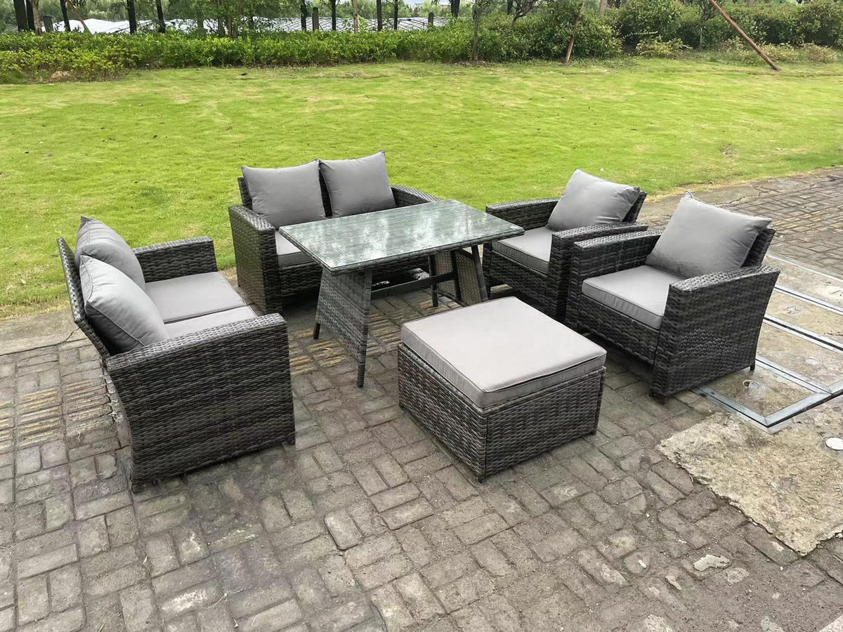 GARTENTISCHGRUPPE Polyrattan 7-Sitzer Grau - Dunkelgrau/Grau, Glas/Kunststoff - Fimous