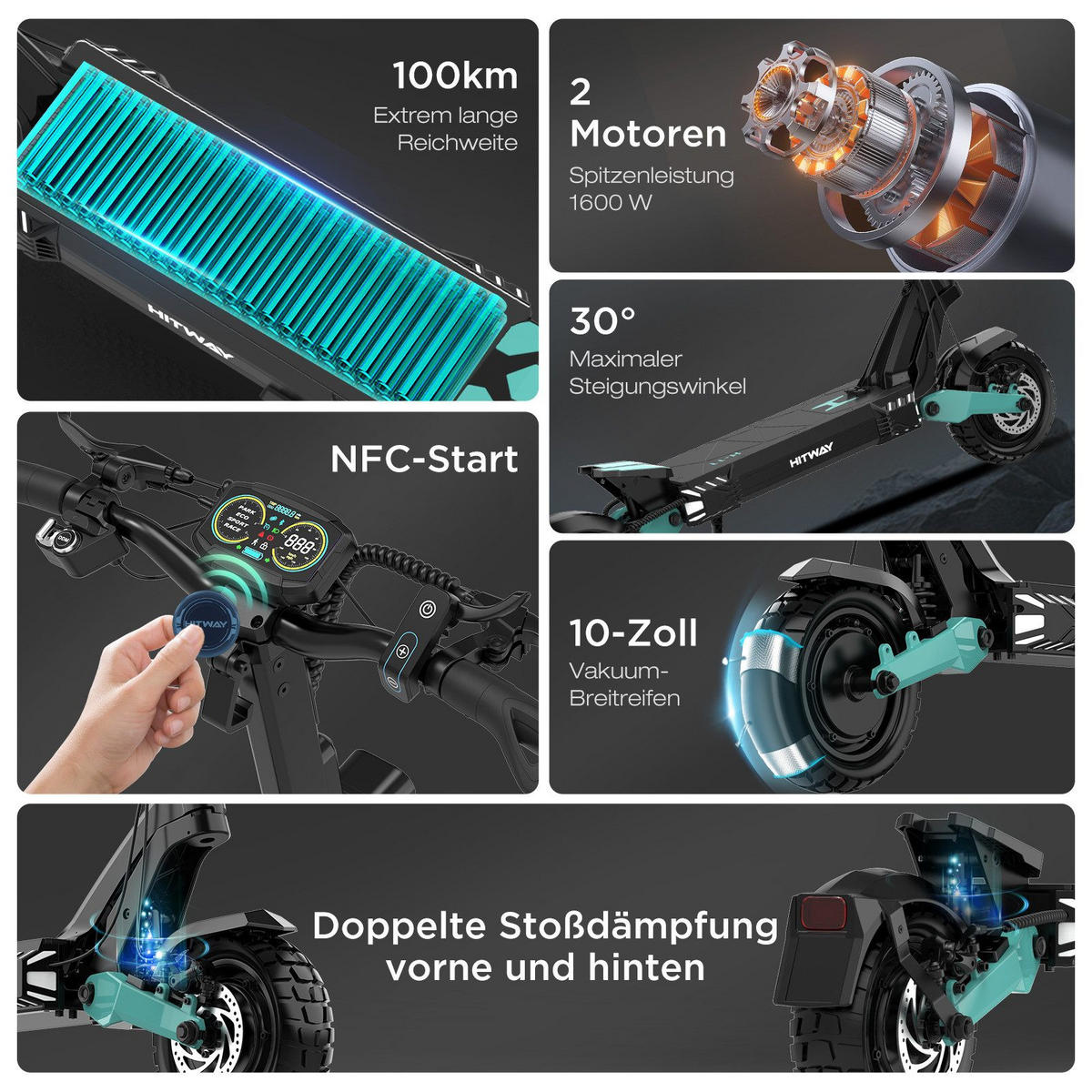 E-SCOOTER H11 ABE 23,4Ah Max 100km - Grün, Metall (68/134/125cm) - HITWAY